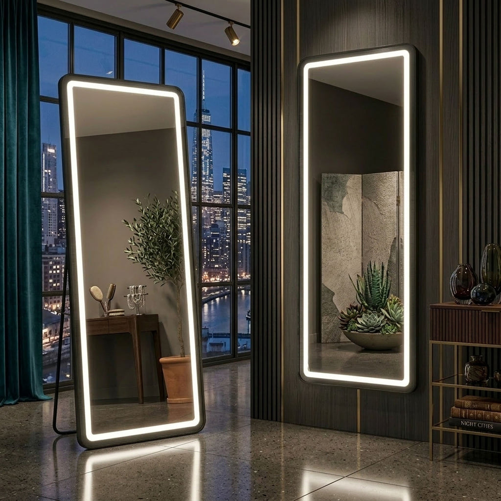 Decorhills LED Full Length Mirror – Aluminum Alloy Frame Floor Mirror with Touch Control, 3 Color Lighting, Standing or Wall Mounted Dressing Mirror