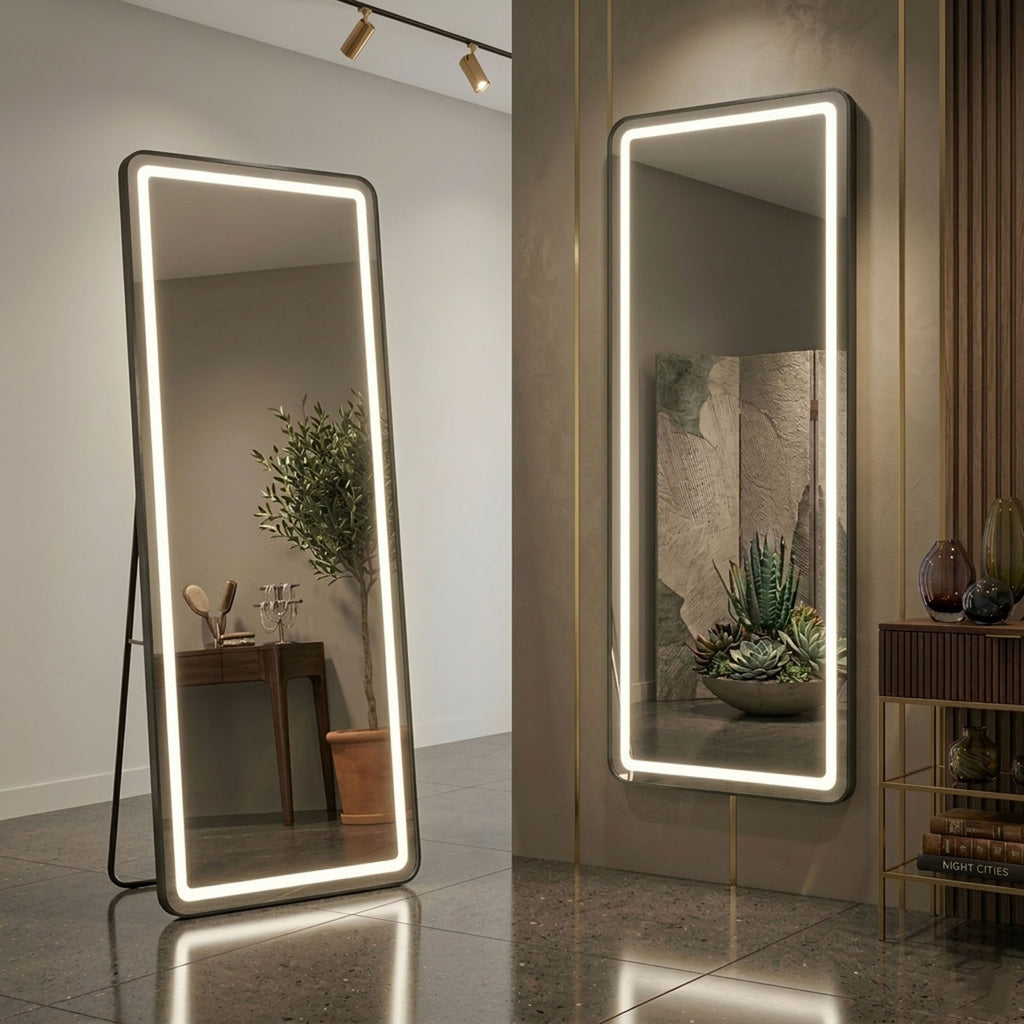 Decorhills LED Full Length Mirror – Aluminum Alloy Frame Floor Mirror with Touch Control, 3 Color Lighting, Standing or Wall Mounted Dressing Mirror
