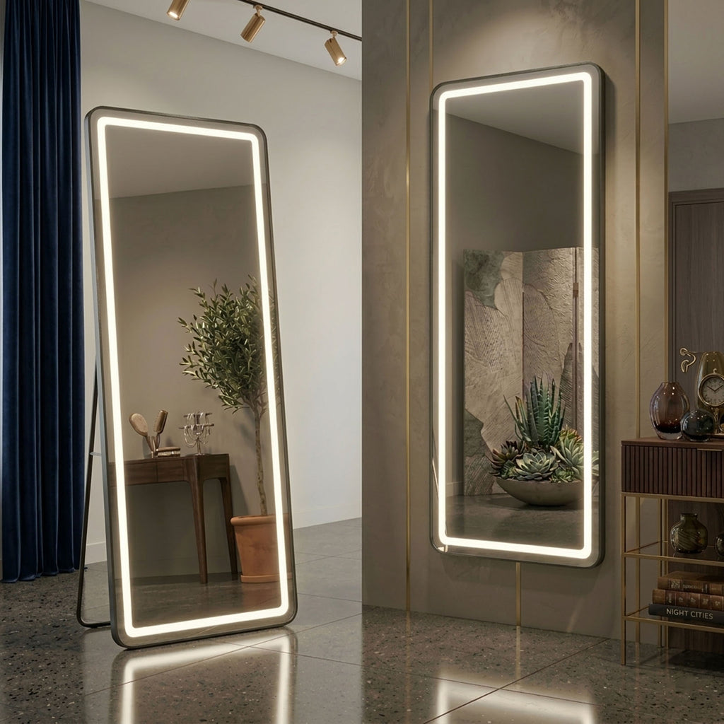 Decorhills LED Full Length Mirror – Aluminum Alloy Frame Floor Mirror with Touch Control, 3 Color Lighting, Standing or Wall Mounted Dressing Mirror