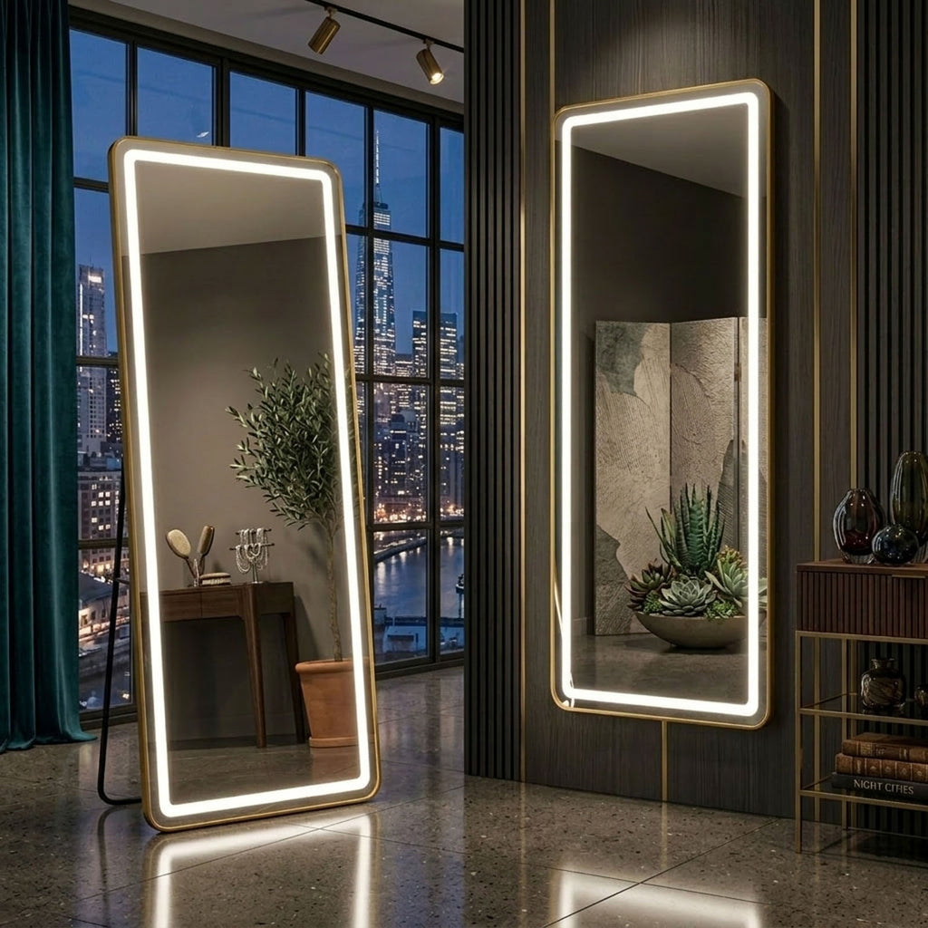 Decorhills LED Full Length Mirror – Aluminum Alloy Frame Floor Mirror with Touch Control, 3 Color Lighting, Standing or Wall Mounted Dressing Mirror