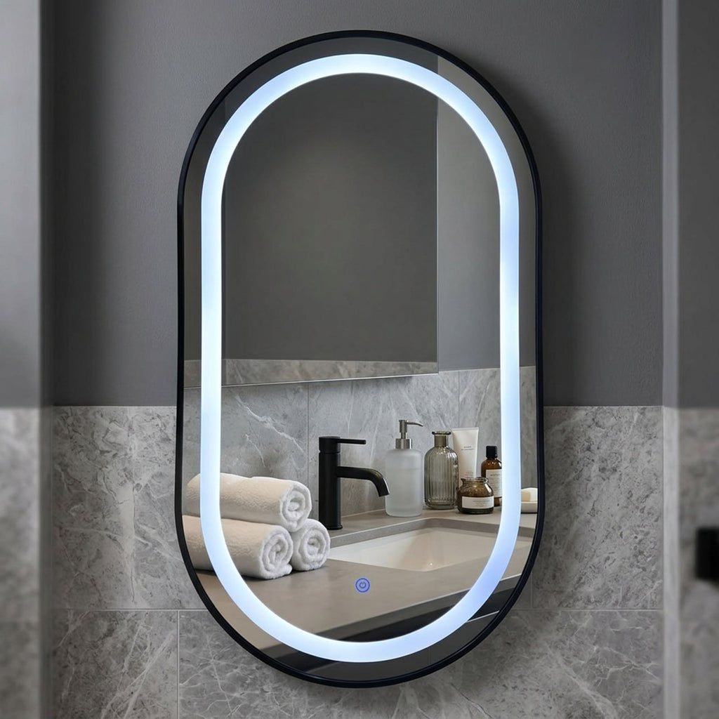 Decorhills Oval LED Bathroom Mirror – Black Brushed Aluminium Frame, 3 Colour Temperature Touch Control, Wall Mounted, 90 × 50 cm