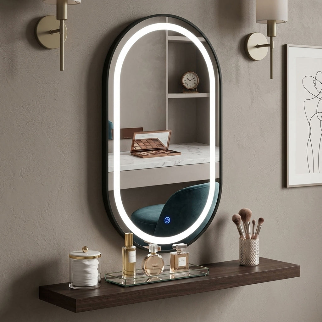Decorhills Oval LED Bathroom Mirror – Black Brushed Aluminium Frame, 3 Colour Temperature Touch Control, Wall Mounted, 90 × 50 cm