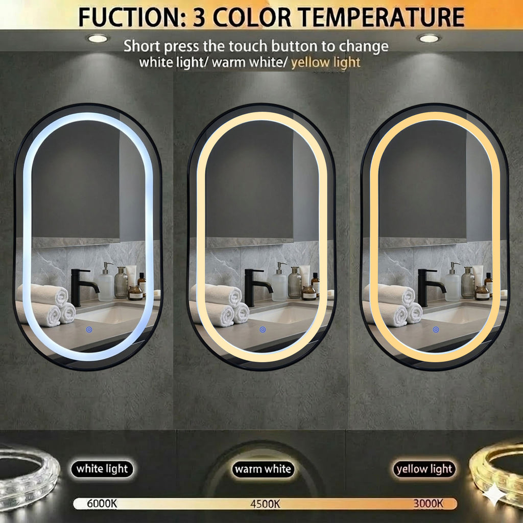 Decorhills Oval LED Bathroom Mirror – Black Brushed Aluminium Frame, 3 Colour Temperature Touch Control, Wall Mounted, 90 × 50 cm