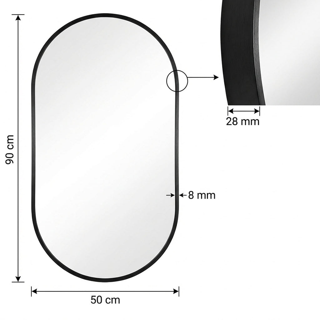 Decorhills Oval LED Bathroom Mirror – Black Brushed Aluminium Frame, 3 Colour Temperature Touch Control, Wall Mounted, 90 × 50 cm
