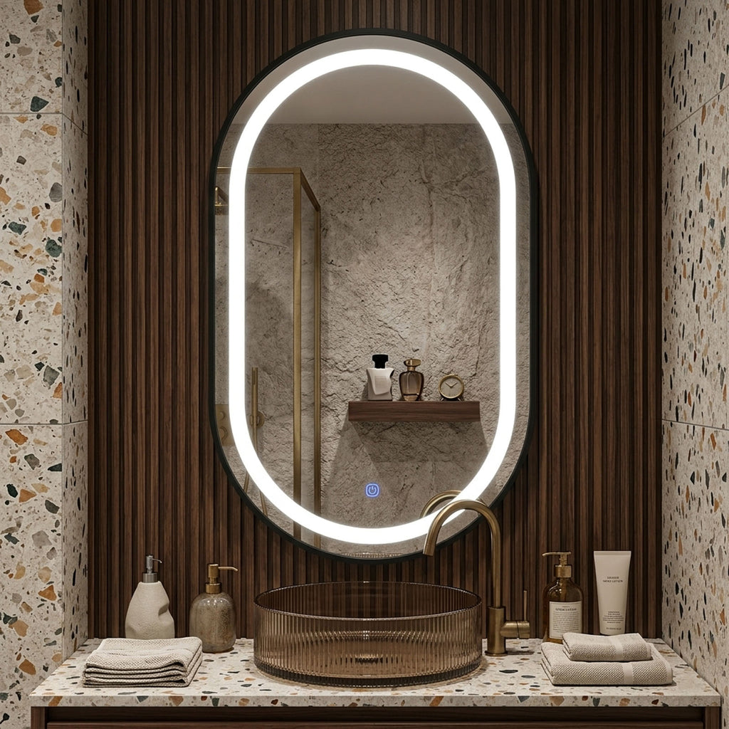 Decorhills Oval LED Bathroom Mirror – Black Brushed Aluminium Frame, 3 Colour Temperature Touch Control, Wall Mounted, 90 × 50 cm