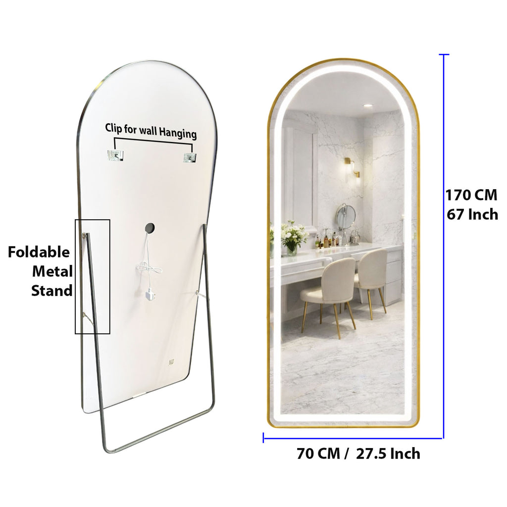 Decorhills Arched LED Full Length Mirror – Dimmable Touch Control, 3 Color Lighting, Aluminum Frame, Standing or Wall Mounted Floor Mirror