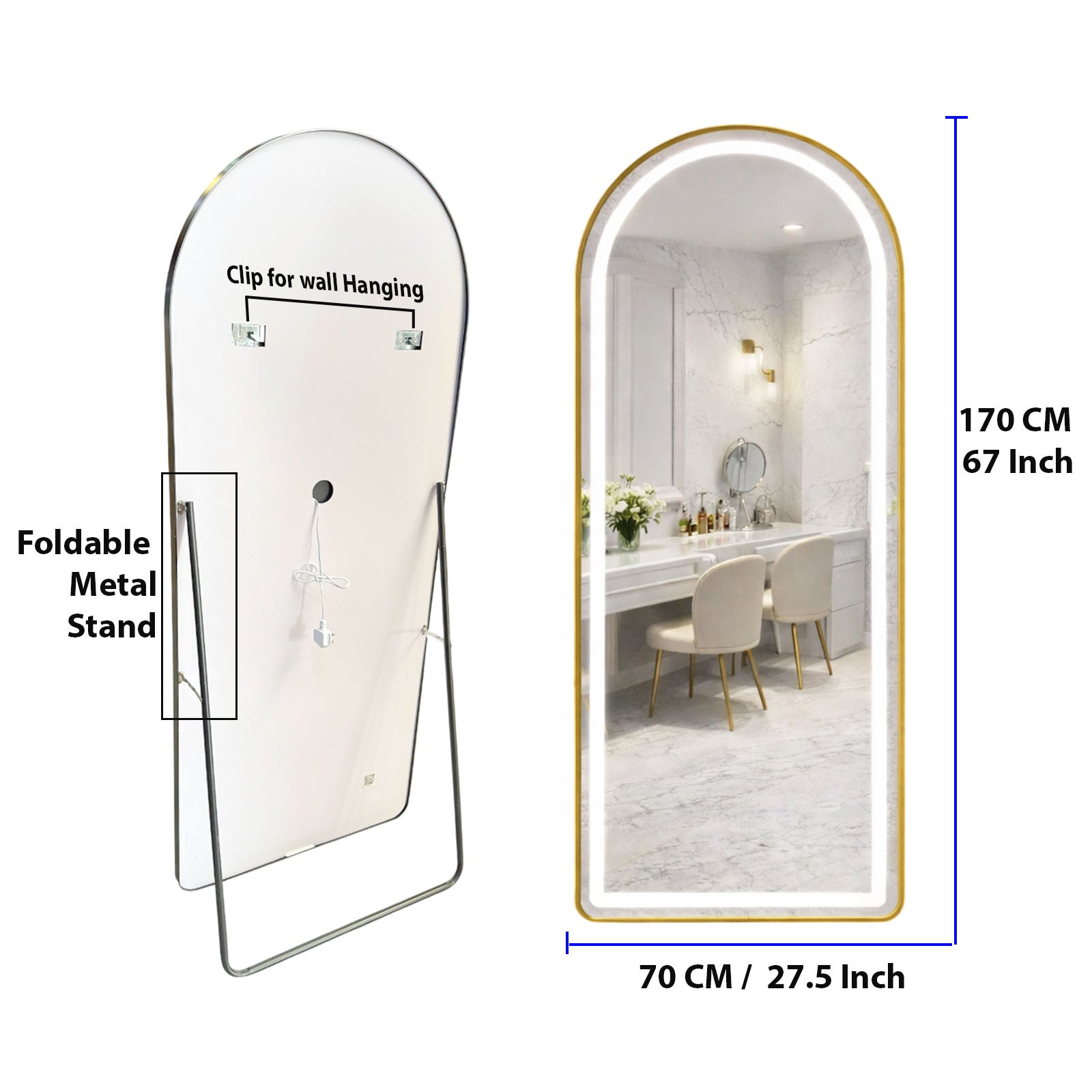 Decorhills Arched LED Full Length Mirror – Dimmable Touch Control, 3 Color Lighting, Aluminum Frame, Standing or Wall Mounted Floor Mirror