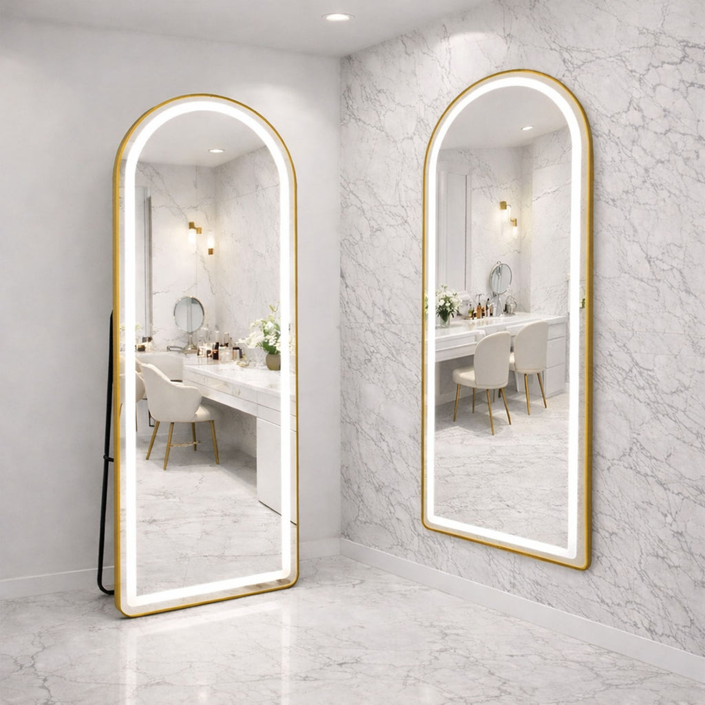 Decorhills Arched LED Full Length Mirror – Dimmable Touch Control, 3 Color Lighting, Aluminum Frame, Standing or Wall Mounted Floor Mirror