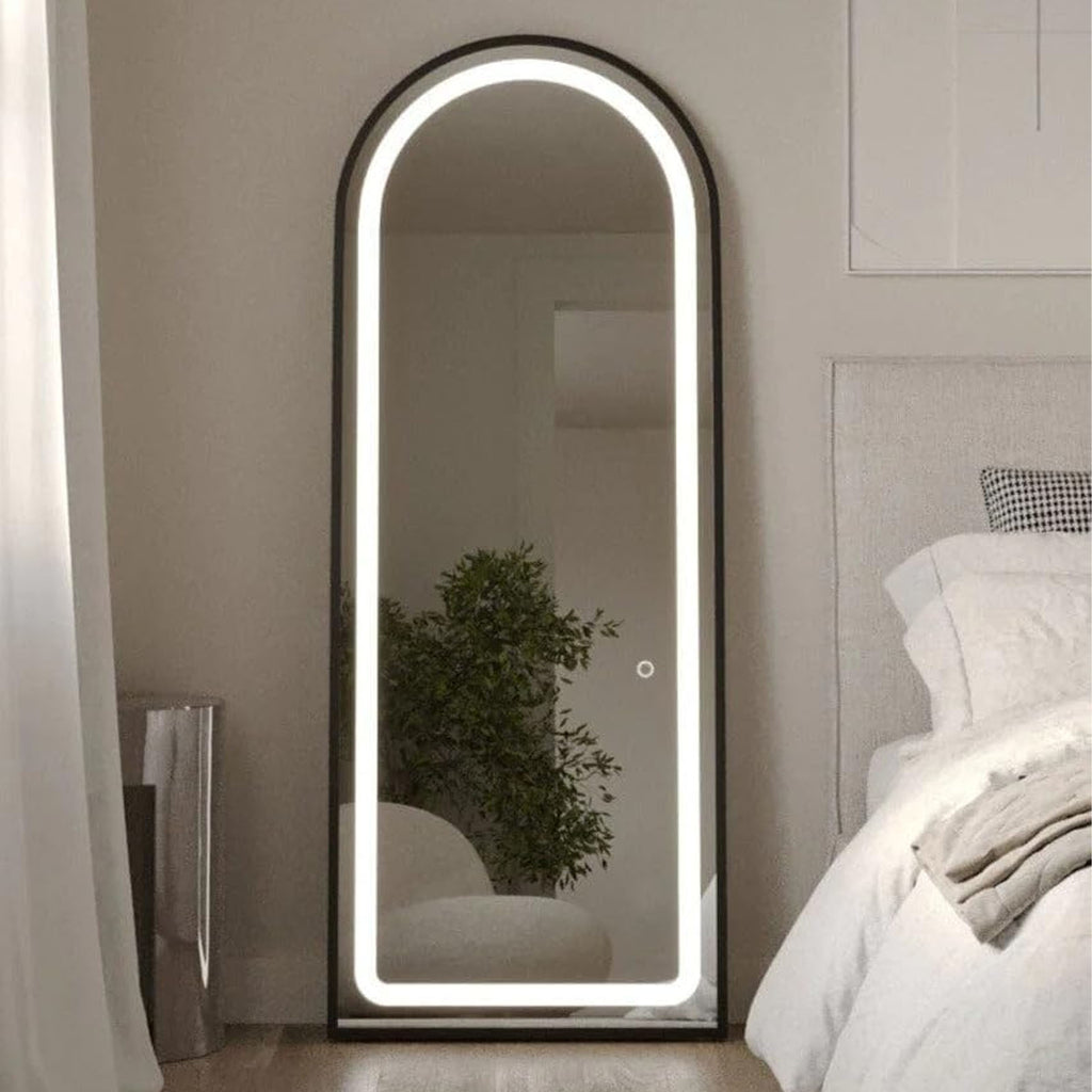 Decorhills Arched LED Full Length Mirror – Dimmable Touch Control, 3 Color Lighting, Aluminum Frame, Standing or Wall Mounted Floor Mirror