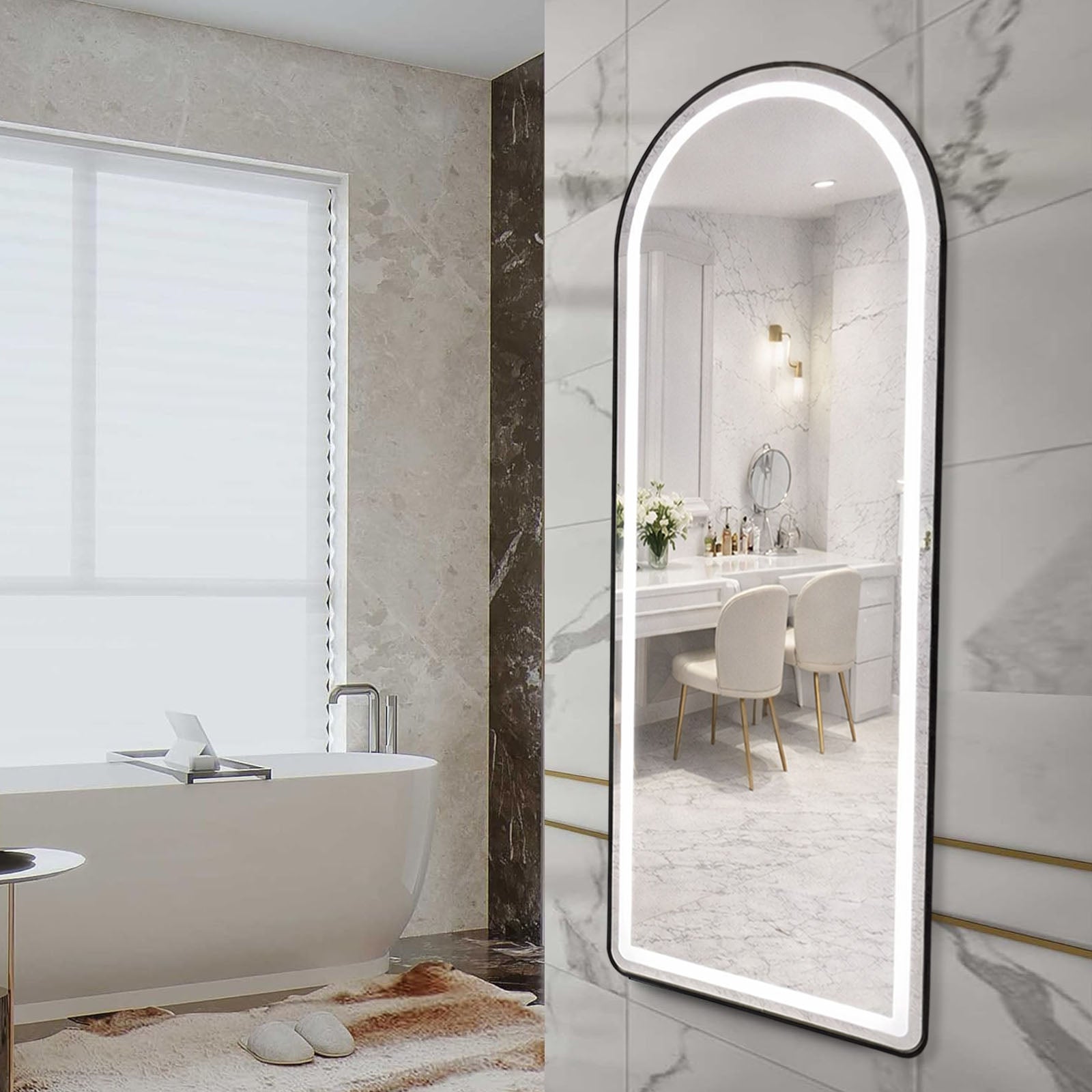 Decorhills Arched LED Full Length Mirror – Dimmable Touch Control, 3 Color Lighting, Aluminum Frame, Standing or Wall Mounted Floor Mirror