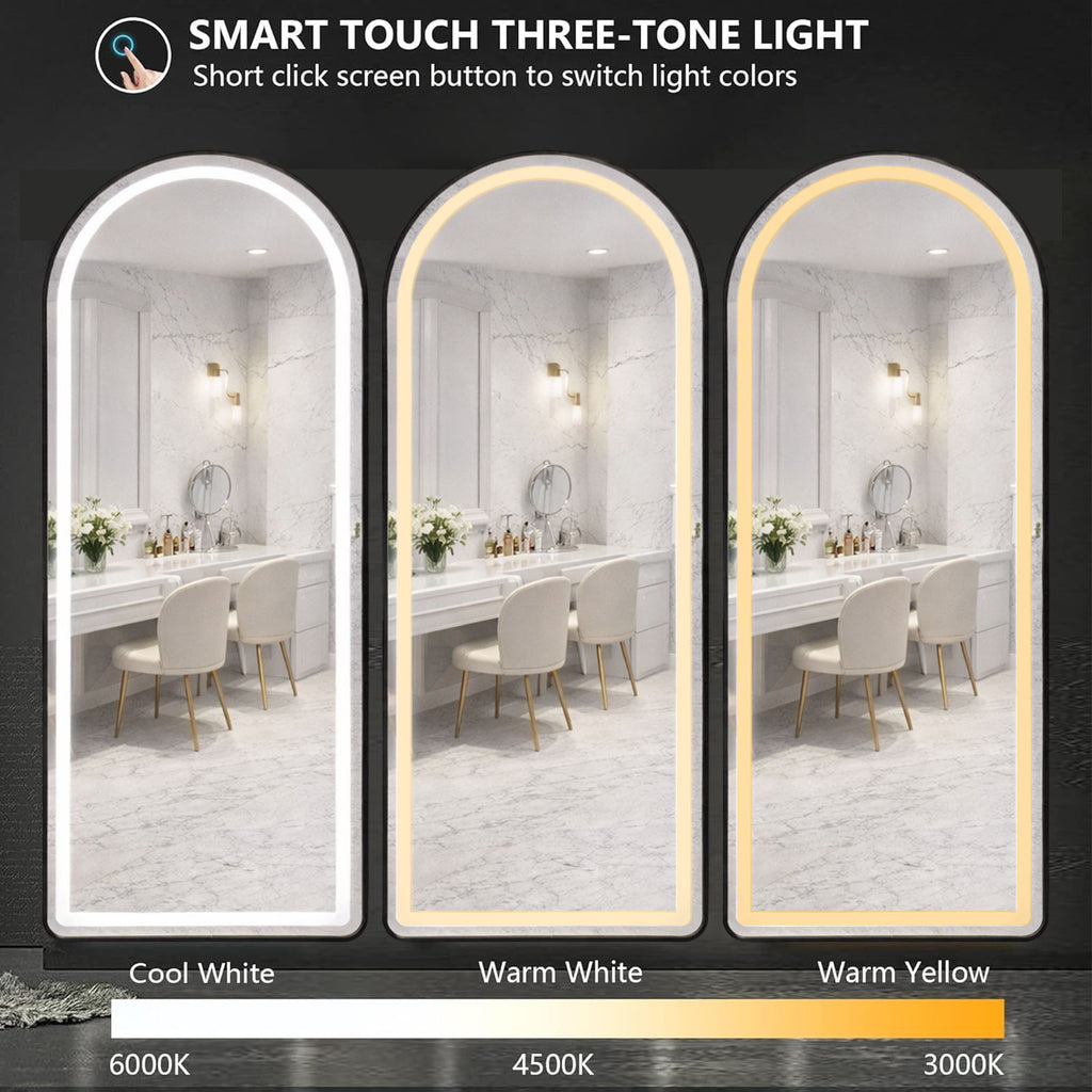 Decorhills Arched LED Full Length Mirror – Dimmable Touch Control, 3 Color Lighting, Aluminum Frame, Standing or Wall Mounted Floor Mirror