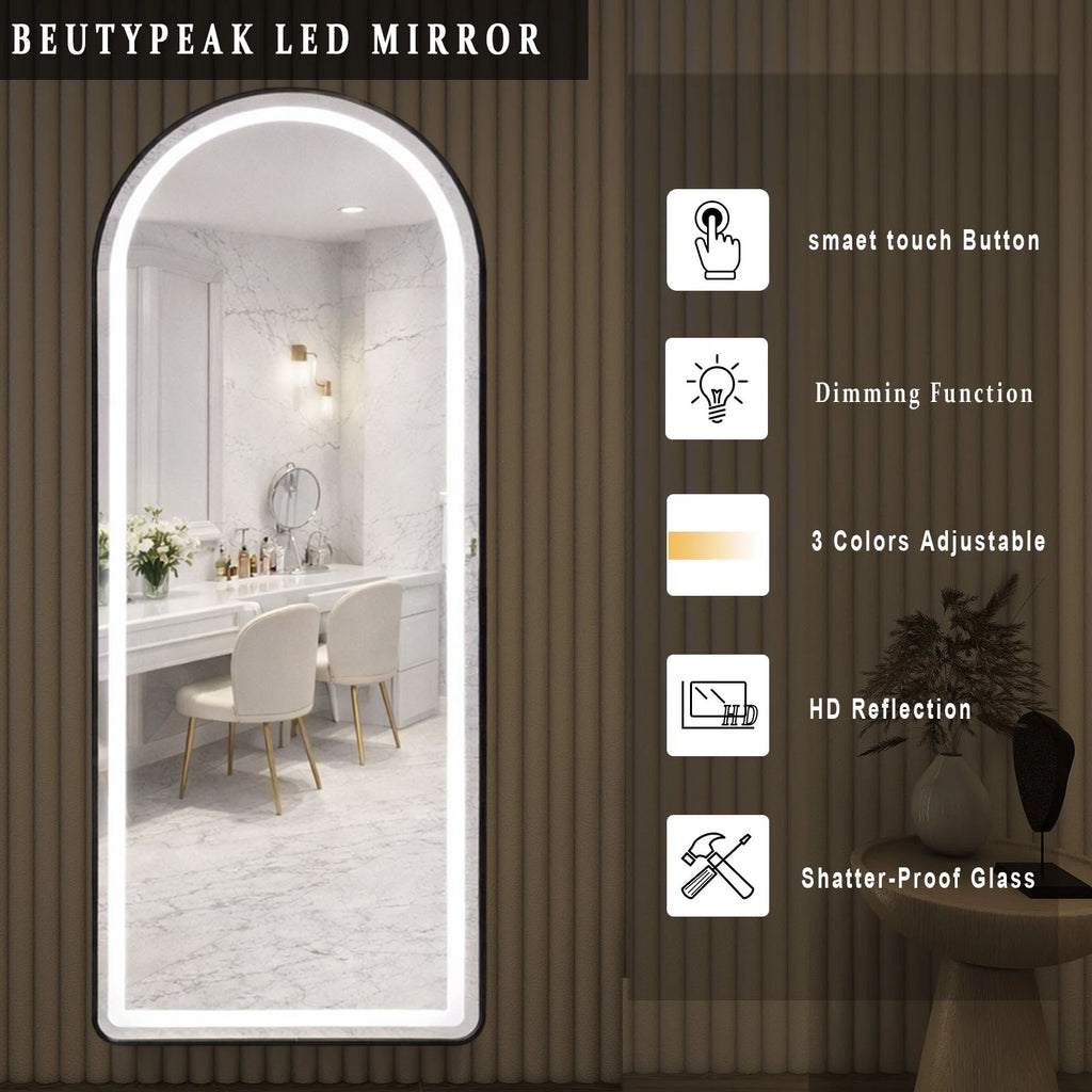 Decorhills Arched LED Full Length Mirror – Dimmable Touch Control, 3 Color Lighting, Aluminum Frame, Standing or Wall Mounted Floor Mirror