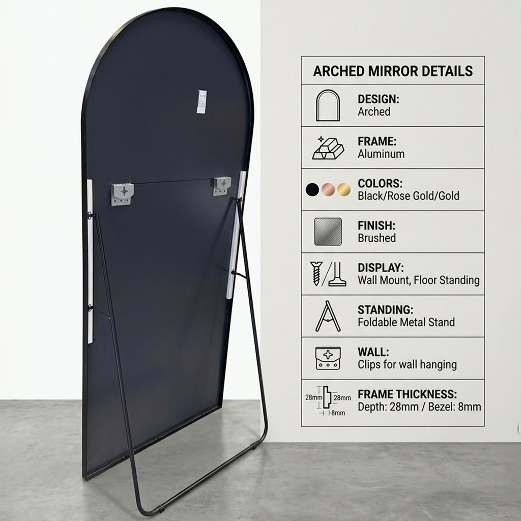 Decorhills Arched Full Length Mirror – Premium Aluminum Alloy Frame Standing & Wall-Mounted Mirror for Home Decor
