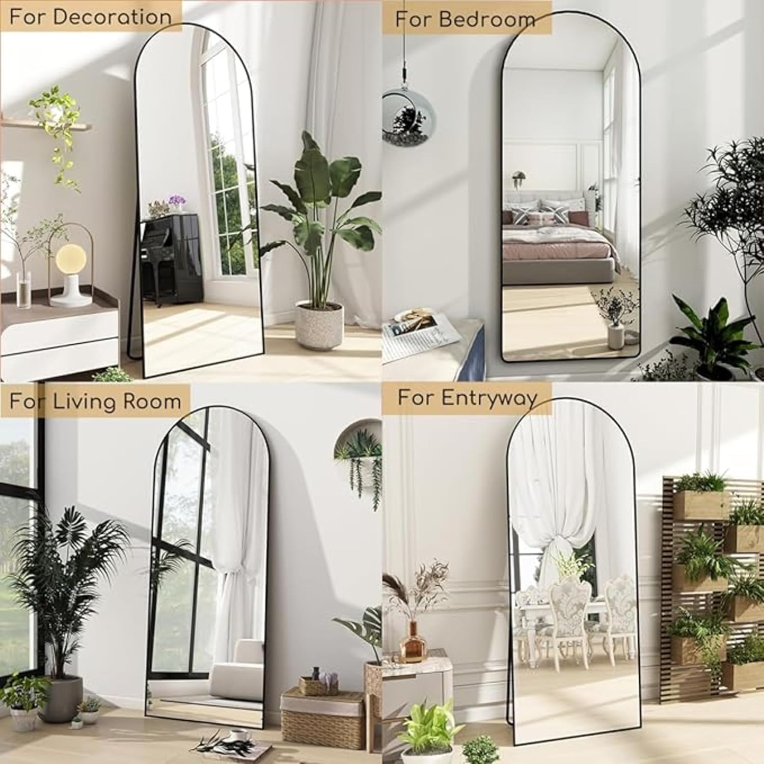 Decorhills Arched Full Length Mirror – Premium Aluminum Alloy Frame Standing & Wall-Mounted Mirror for Home Decor