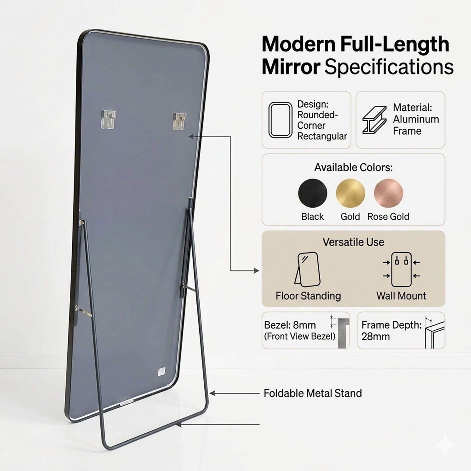 Decorhills Large Wide Full Length Mirror – 180x80cm Premium Aluminum Alloy Brushed Frame Standing & Wall-Mounted Mirror