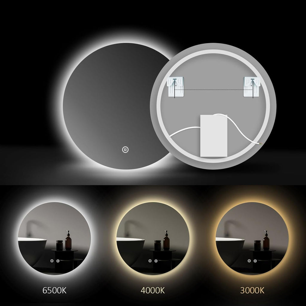 Decorhills LED Frameless Bathroom Mirror – Round Backlit Wall Mirror with Touch Switch & 3-Color Dimming Lights