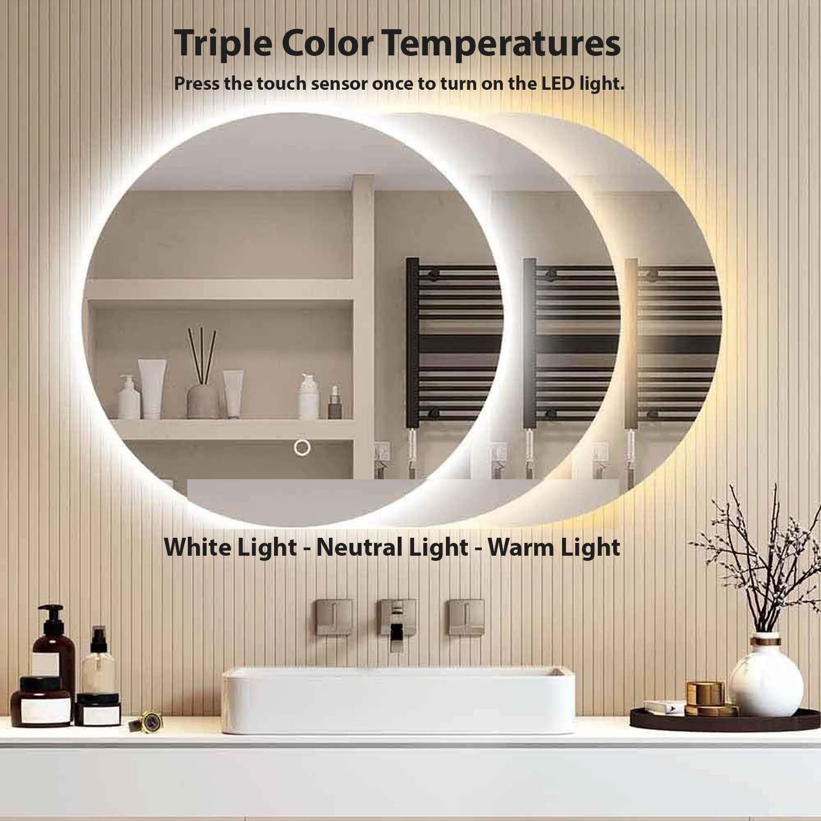 Decorhills LED Frameless Bathroom Mirror – Round Backlit Wall Mirror with Touch Switch & 3-Color Dimming Lights