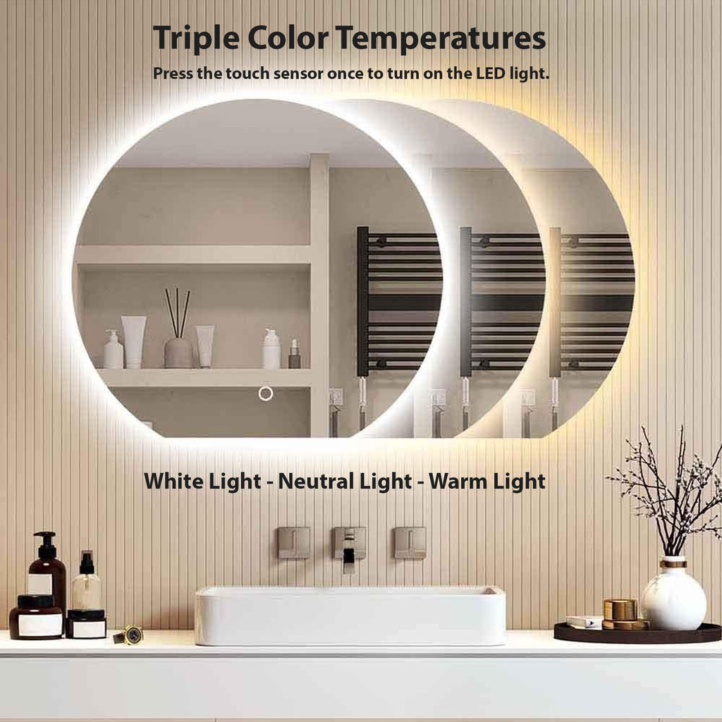 Decorhills LED Frameless Moon Shaped Bathroom Mirror 120×90cm – Touch Switch, Triple Color Light, Horizontal & Vertical Wall Mount