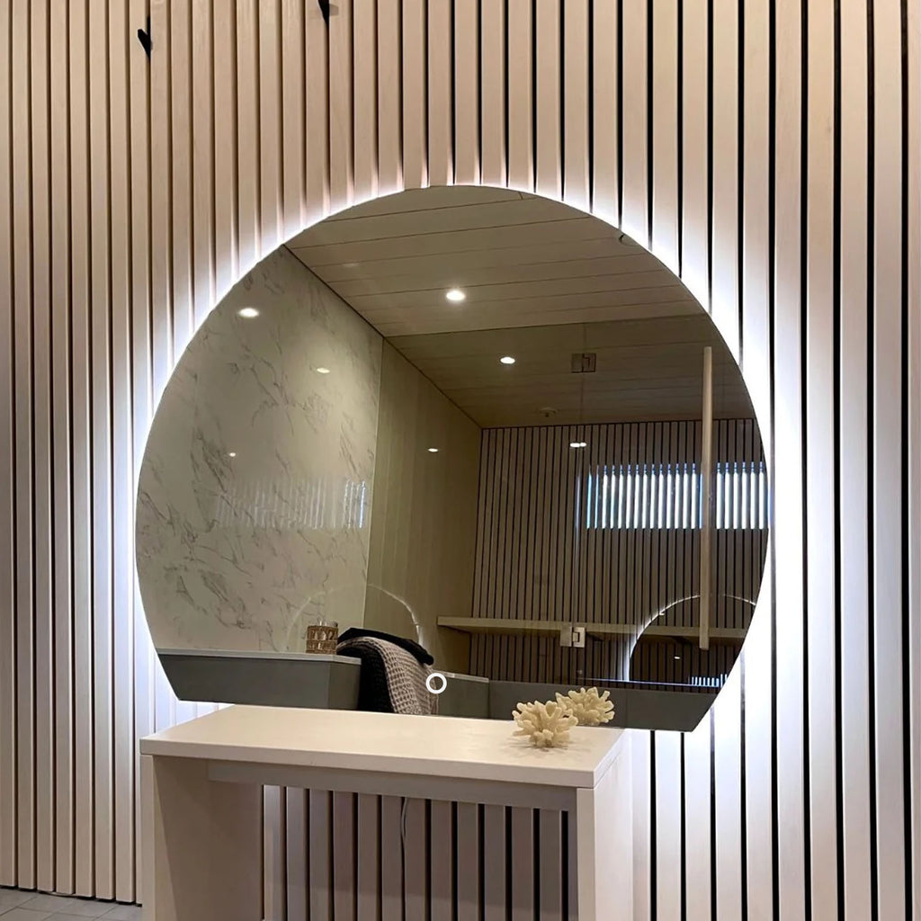 Decorhills LED Frameless Moon Shaped Bathroom Mirror 120×90cm – Touch Switch, Triple Color Light, Horizontal & Vertical Wall Mount