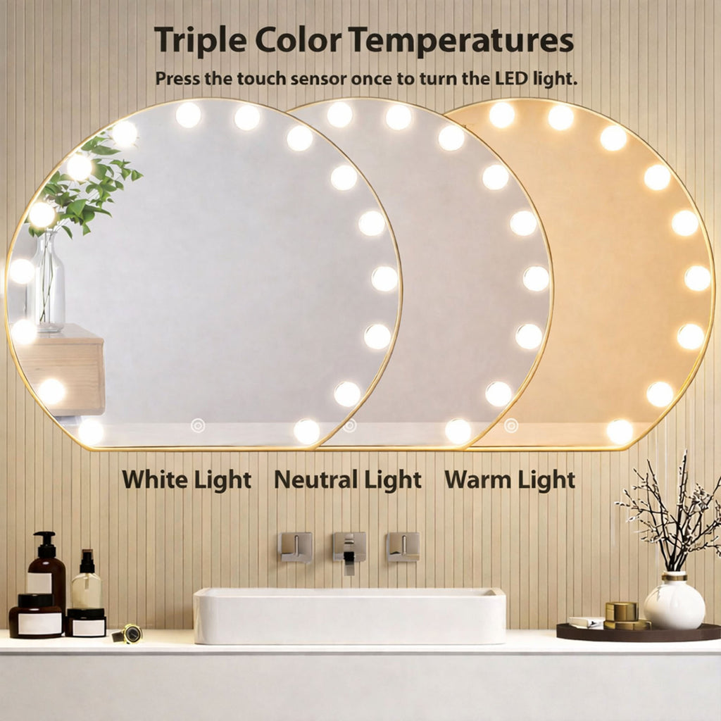 Decorhills LED Makeup Mirror 70×100cm – Round Matt Gold Aluminium Frame, Triple Color Light, Touch Switch, Wall Mounted