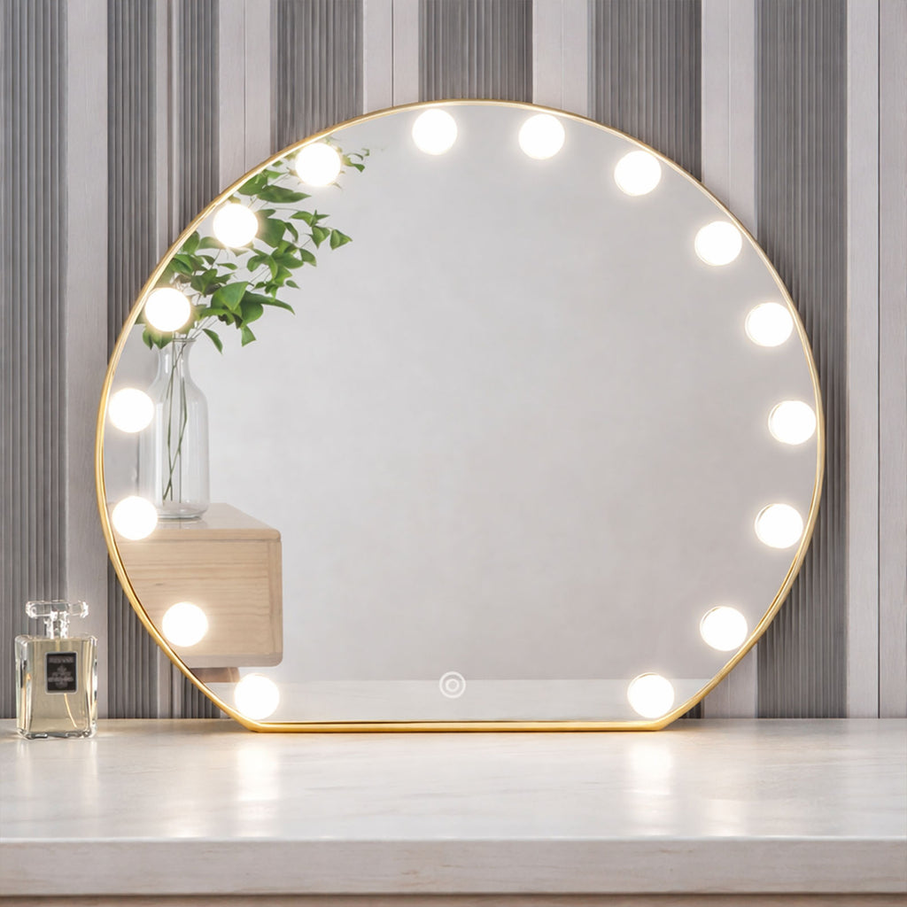 Decorhills LED Makeup Mirror 70×100cm – Round Matt Gold Aluminium Frame, Triple Color Light, Touch Switch, Wall Mounted