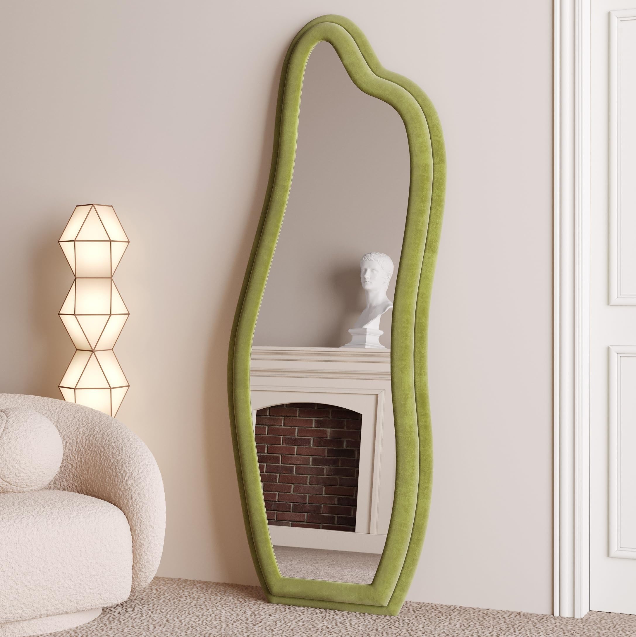 Decorhills Wavy Art Full Length Mirror – Irregular Asymmetric Green Flannel Standing & Wall-Mounted Mirror (160x60cm)