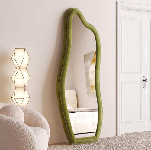 Decorhills Wavy Art Full Length Mirror – Irregular Asymmetric Green Flannel Standing & Wall-Mounted Mirror (160x60cm)