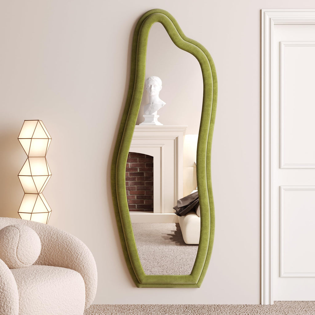 Decorhills Wavy Art Full Length Mirror – Irregular Asymmetric Green Flannel Standing & Wall-Mounted Mirror (160x60cm)