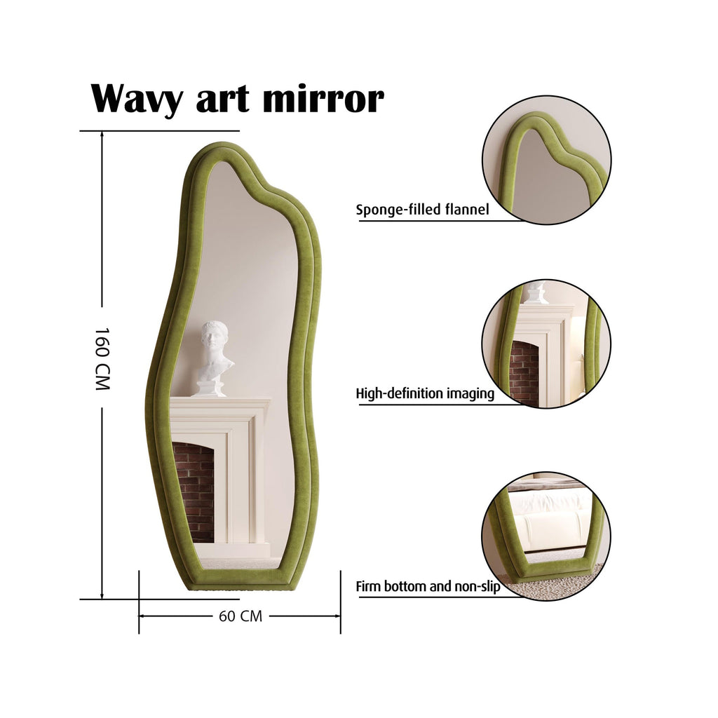 Decorhills Wavy Art Full Length Mirror – Irregular Asymmetric Green Flannel Standing & Wall-Mounted Mirror (160x60cm)