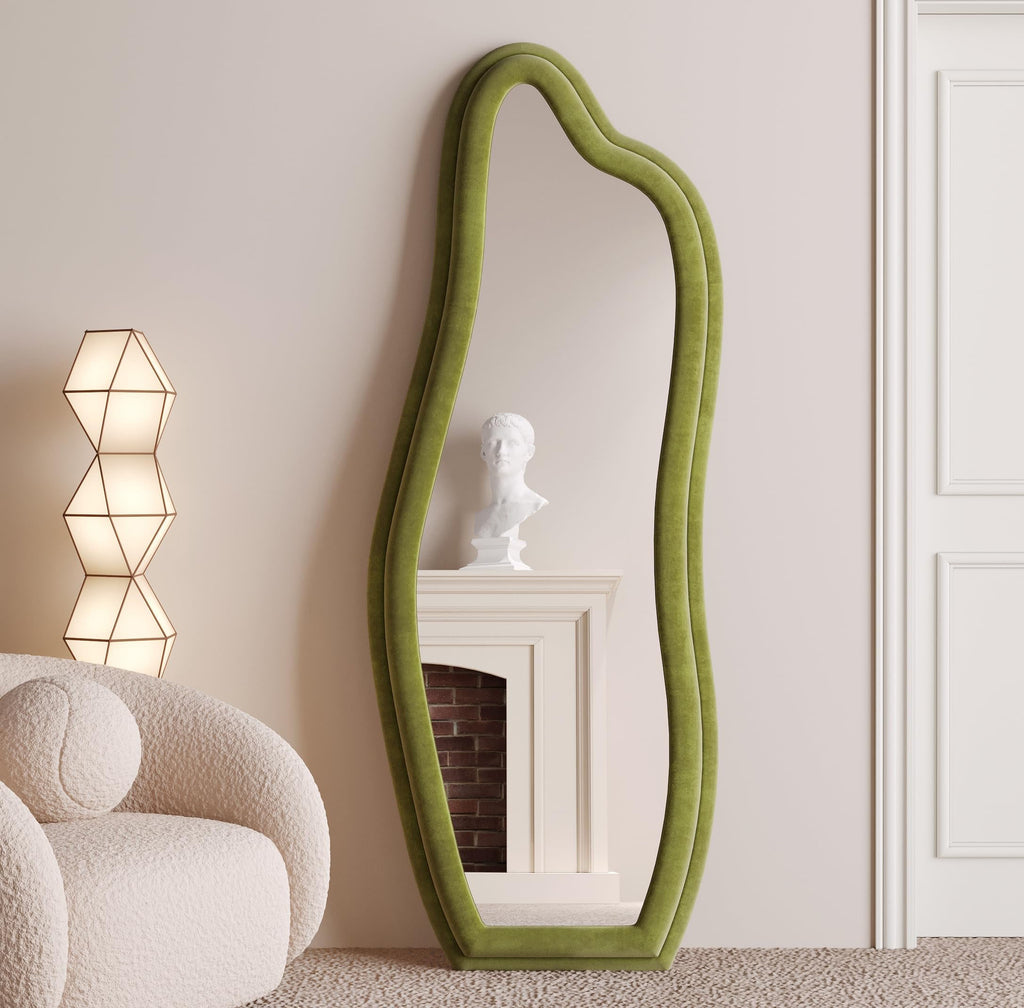 Decorhills Wavy Art Full Length Mirror – Irregular Asymmetric Green Flannel Standing & Wall-Mounted Mirror (160x60cm)